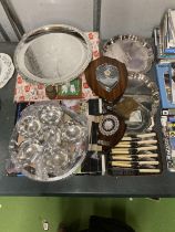 VARIOUS ITEMS TO INCLUDE FLATWARE, WHITE MEATL AND SILVER PLATED TRAYS ETC