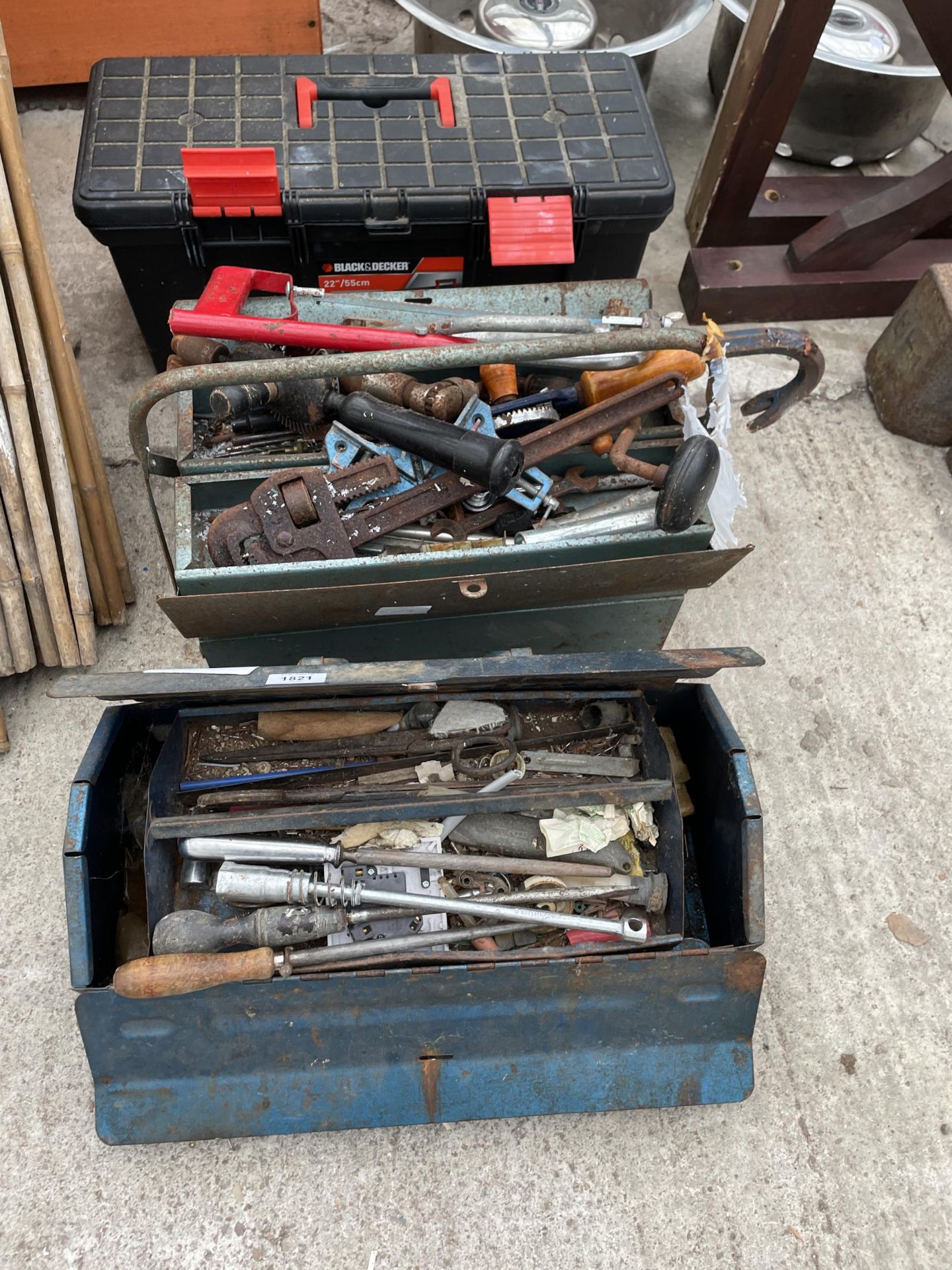 THREE VARIOUS TOOL BOXES AND AN ASSORTMENT OF HAND TOOLS TO INCLUDE STILSENS, SCREW DRIVERS AND A