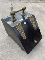 A VICTORIAN METALWARE PURDONIUM WITH BRASS FITTINGS, SHOVEL AND GALVANISED LINER