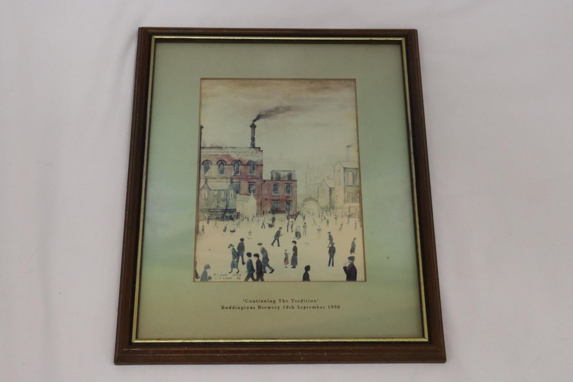 A LOWRY STYLE FRAMED PRINT ENTITLED "CONTINUING THE TRADITION" BODDINGTON BREWERY 18TH SEPTEMBER - Image 4 of 6