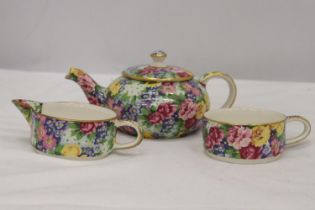 A ROYAL WINTON, CHINTZ, 'JULIA' PATTERN SMALL TEAPOT, CREAM JUG AND SUGAR BOWL