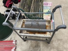 A METAL FOUR WHEELED WORKSHOP TROLLEY, A METAL TOOL BOX AND A FOOT PUMP ETC