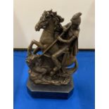 A SIGNED BRONZE FIGURE OF GEORGE AND THE DRAGON ON A MARBLE BASE