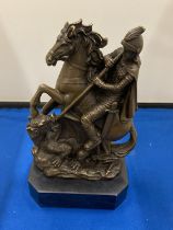 A SIGNED BRONZE FIGURE OF GEORGE AND THE DRAGON ON A MARBLE BASE