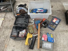 AN ASSORTMENT OF TOOLS TO INCLUDE A NUTOOL RIP SAW, A PALM SANDER AND NAIL GUNS ETC