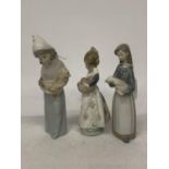 THREE LLADRO FIGURES TO INCLUDE A GIRL WITH A ROOSTER, A GIRL WITH FRUIT AND AN EARLY 1970'S GIRL