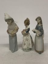 THREE LLADRO FIGURES TO INCLUDE A GIRL WITH A ROOSTER, A GIRL WITH FRUIT AND AN EARLY 1970'S GIRL