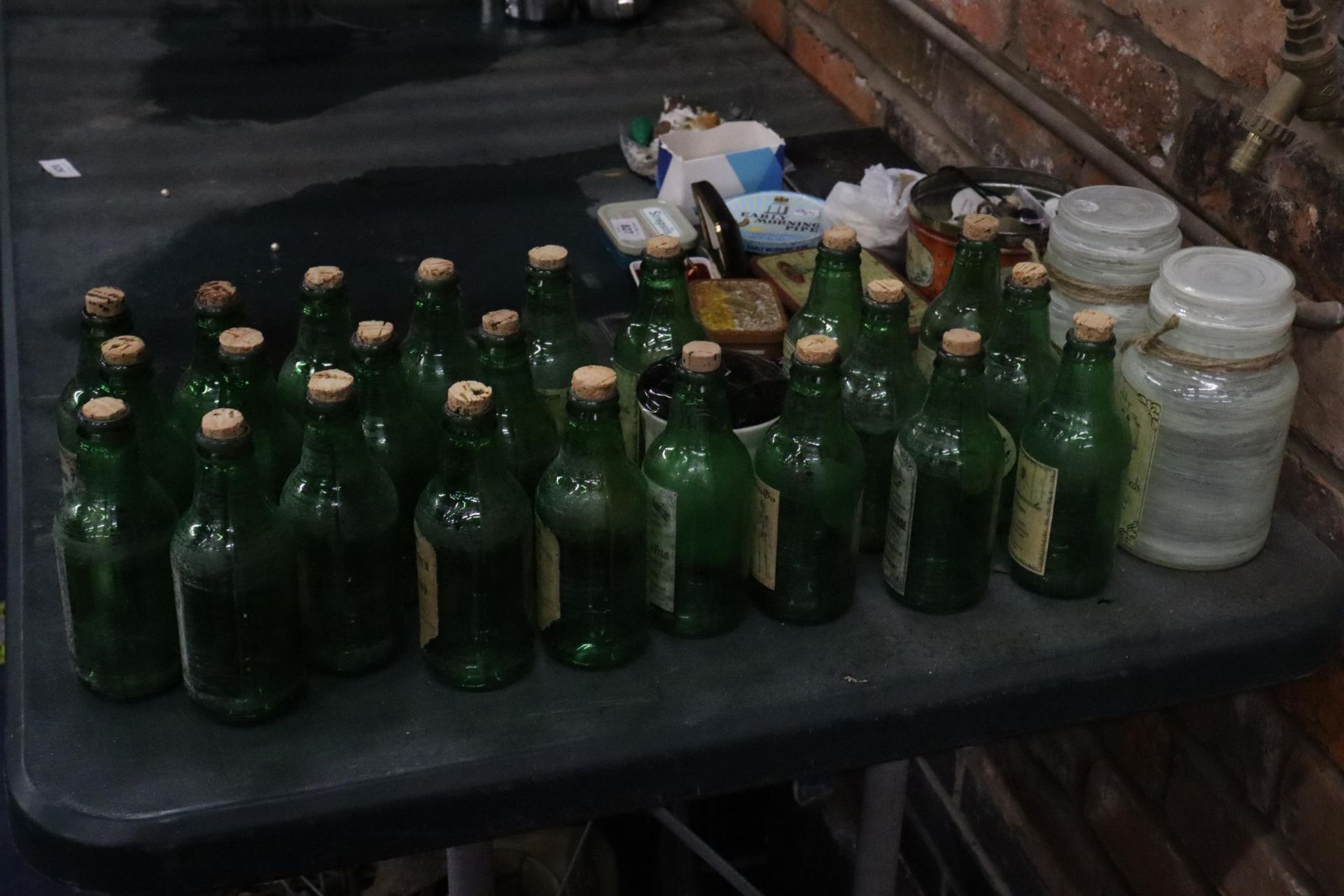 A LARGE COLLECTION OF VINTAGE GREEN BOTTLES WITH CORKS TO INCLUDE EXTRACT OF TOAD, SLUG REPELLENT, - Image 4 of 7