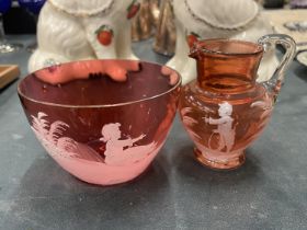 TWO PIECES OF VINTAGE MARY GREGORY HAND BLOWN CRANBERRY GLASS, TO INCLUDE A JUG, HEIGHT 9CM AND A