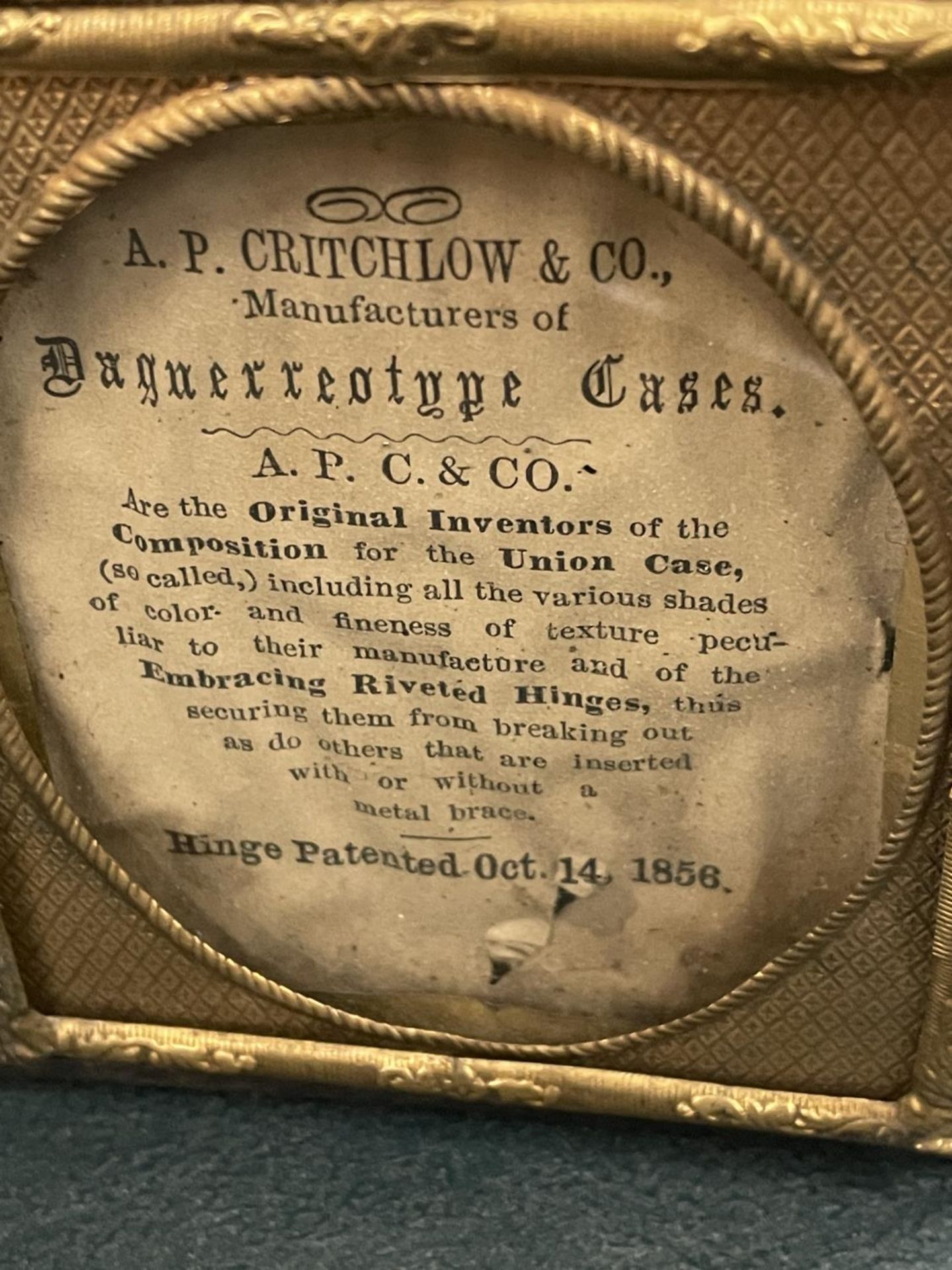 A 19TH CENTURY A. P. CRITCHLOW & CO, DAGUERREOTYPE CASE PLUS A HANDPAINTED PAPIER MACHE BOX, SOME - Image 5 of 6