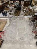 A QUANTITY OF GLASSWARE TO INCLUDE CUT GLASS DECANTERS, DOULTON ETC, PLUS A QUANTITY OF WINE GLASSES