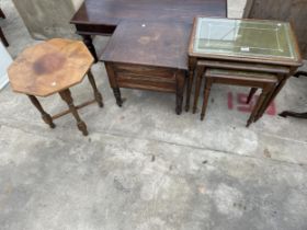 A NEST OF THREE MODERN TABLES, MAHOGANY BOX COMMODE AND AN OCTAGONAL OCCASIONAL TABLE