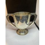 A HALLMARKED BIRMINGHAM SILVER TWIN HANDLED TROPHY FROM COVENTRY COLLEGE 1947 FOR JUVENILE JUMPING