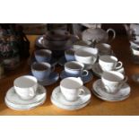 A WEDGWOOD WESTBURY FOUR TRIO SET WITH JUG , SUGAR BOWL AND TEAPOT AND ROYAL DOULTON BLUE AND