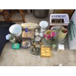 AN ASSORTMENT OF ITEMS TO INCLUDE CERAMICS, BELLS AND A CANDLEHOLDER ETC