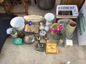 AN ASSORTMENT OF ITEMS TO INCLUDE CERAMICS, BELLS AND A CANDLEHOLDER ETC