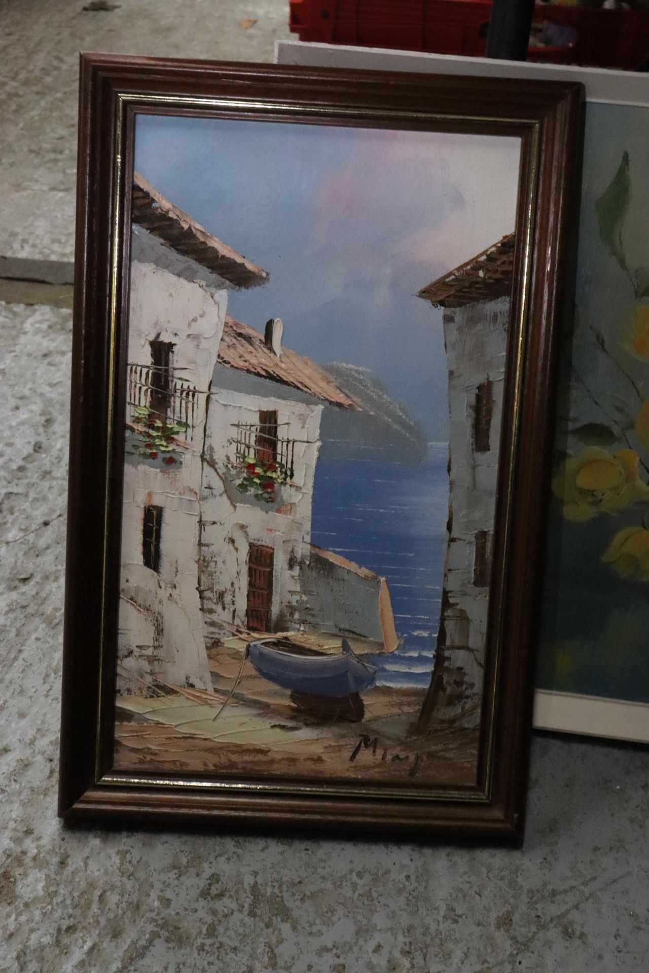 AN OIL ON BOARD OF A ROSE BOWL WITH ROSES, A CONTINENTAL SCENE AND A PRINT OF A STREET SCENE - Image 3 of 5