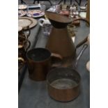 A HAYSTACK COPPER JUG TOGETHER WITH COPPER PAN AND GEORGIAN TANKARD