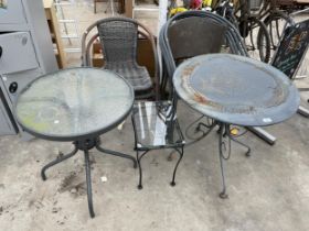 AN ASSORTMENT OF GARDEN TABLES AND CHAIRS
