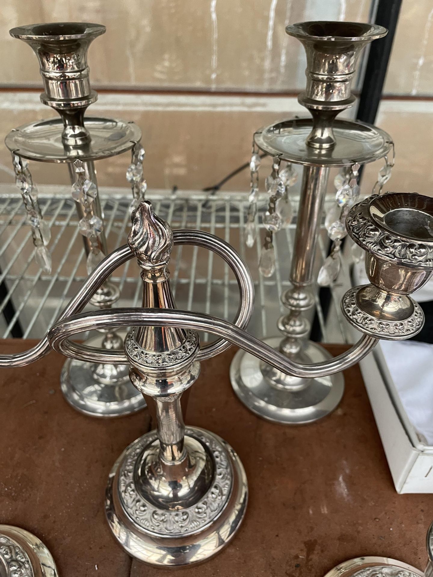 TWO PAIRS OF SILVER PLATED CANDLESTICKS AND A FURTHER TWISTED TWO BRANCH CANDLESTICK - Image 2 of 2