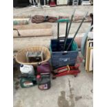 AN ASSORTMENT OF ITEMS TO INCLUDE A TROLLEY JACK, OILS AND A WICKER BASKET ETC