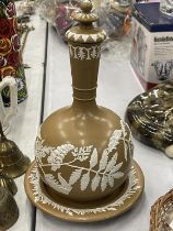 AN ANTIQUE DUDSON JASPERWARE DECANTER AND UNDERPLATE, HEIGHT APPROX 29CM