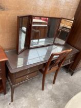 A STAG MINSTREL DRESSING TABLE, 60" WIDE WITH TRIPLE MIRROR AND DINING CHAIR WITH FLUTED FRONT LOOP