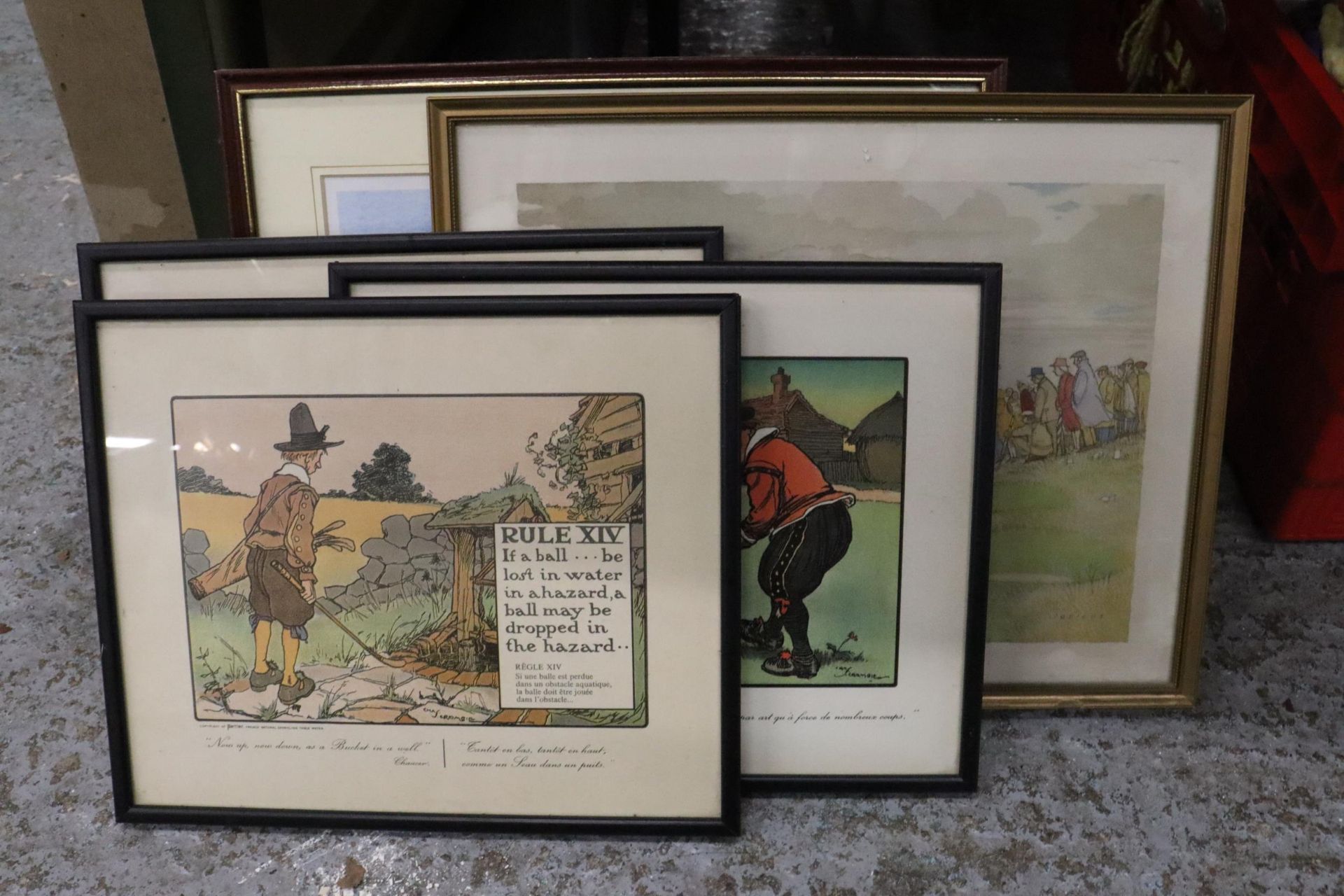 FIVE FRAMED GOLFING PRINTS TO INCLUDE THREE HUMOROUS ONES