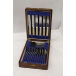 A QUANTITY OF J H POTTER STAINLESS STEEL SHEFFIELD FLATWARE IN A WOODEN BOX