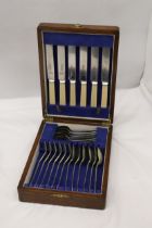 A QUANTITY OF J H POTTER STAINLESS STEEL SHEFFIELD FLATWARE IN A WOODEN BOX