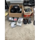 AN ASSORTMENT OF CAMERA EQUIPMENT TO INCLUDE AN INFRAPHIL LAMP, CAMERS AND BINOCULARS ETC