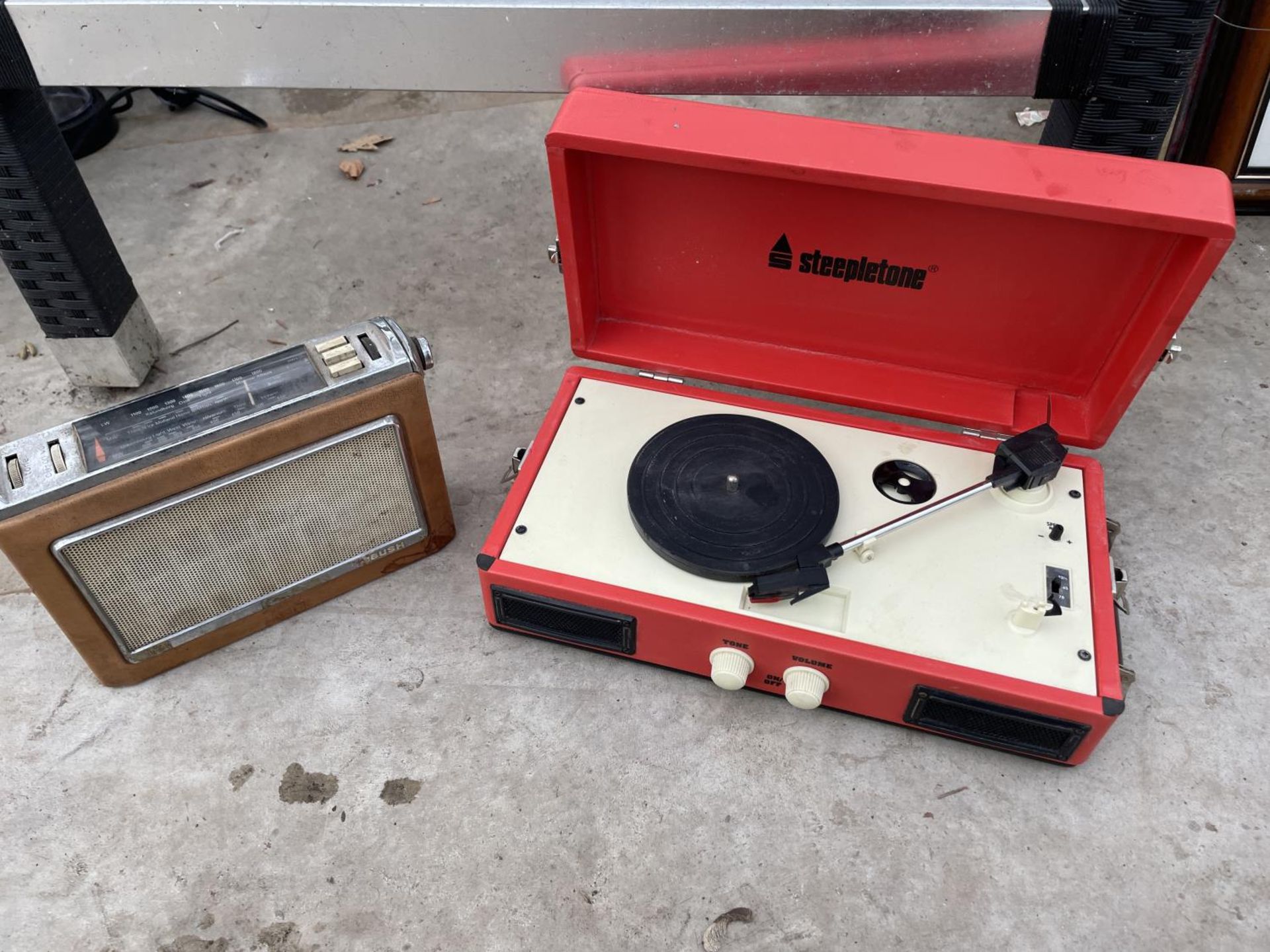 A PORTABLE STEEPLETONE RECORD PLAYER AND A VINTAGE BUSH RADIO - Image 2 of 2