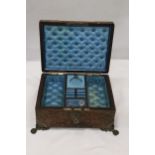 A SILK LINED, LEATHER CLAD JEWELLERY/SEWING BOX WITH TWO SCENT BOTTLES, A LIFT OUT COMPARTMENT AND