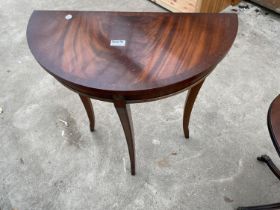 MAHOGANY AND CROSSBANDED DEMI-LUNE REPRODUCTION TABLE, 24" WIDE
