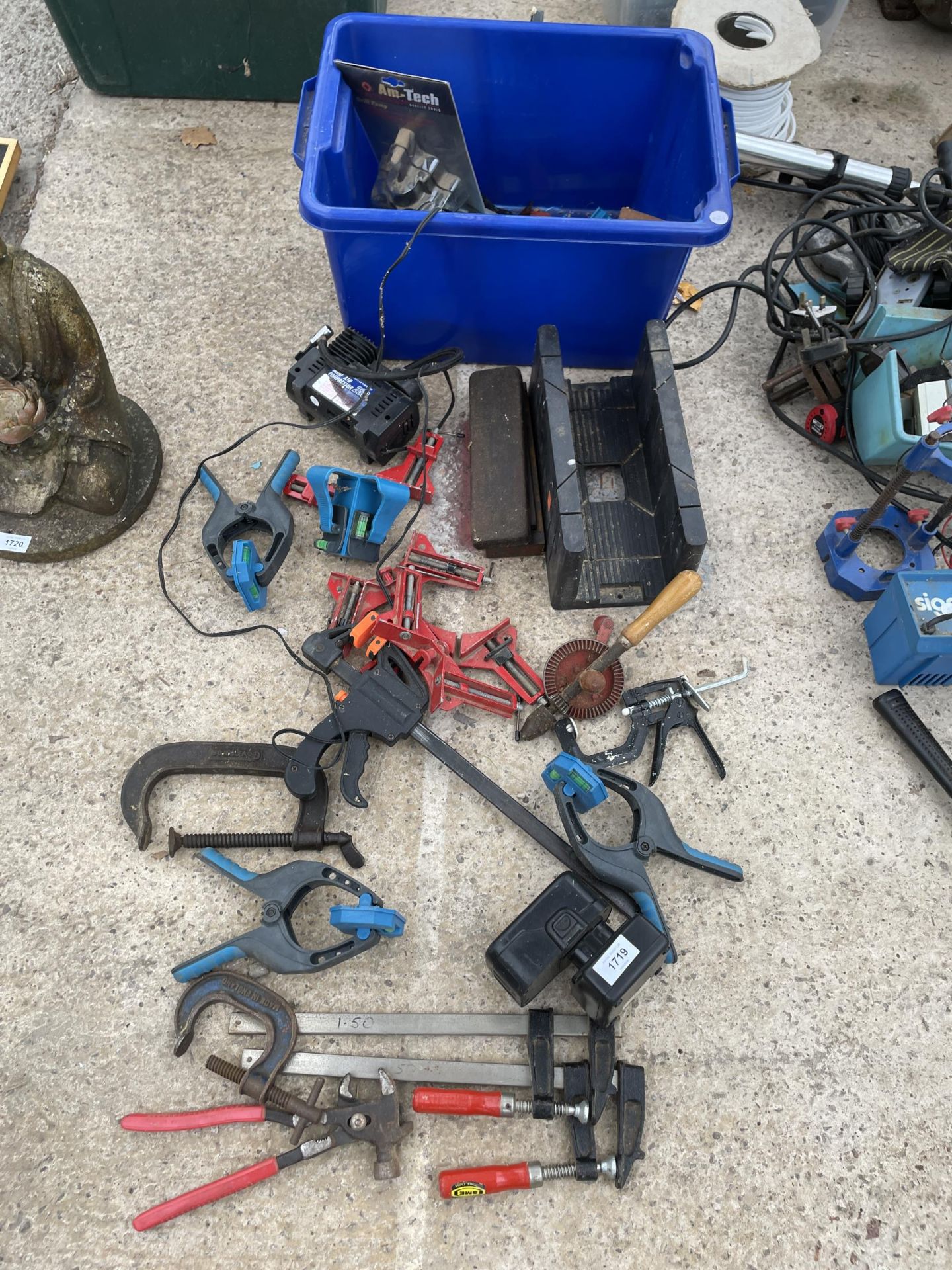 AN ASSORTMENT OF TOOLS TO INCLUDE CUTTING JIGS, CLAMPS AND A 12V COMPRESSOR ETC