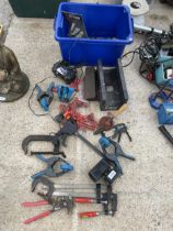 AN ASSORTMENT OF TOOLS TO INCLUDE CUTTING JIGS, CLAMPS AND A 12V COMPRESSOR ETC