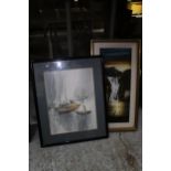 TWO FRAMED PRINTS ONE OF A WATERFALL AND AN ORIENTAL OF BOATS