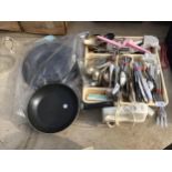 AN ASSORTMENT OF ITEMS TO INCLUDE A LARGE QUANTITY OF FLATWARE AND PANS ETC
