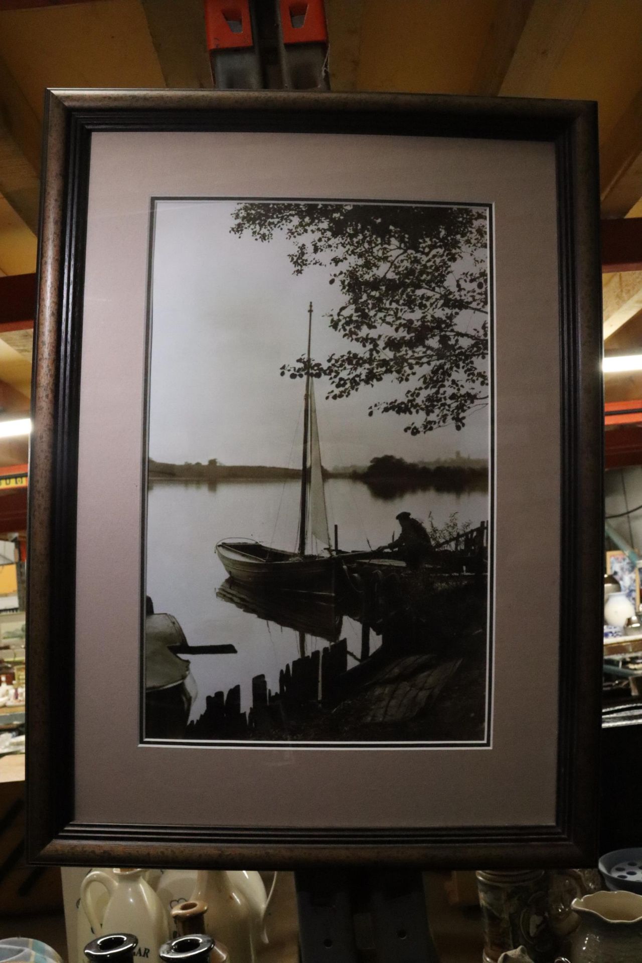 A PHOTOGRAPHIC PRINT OF A BOAT ON PICKMERE LAKE IN THE 1950'S/60'S, 44CM X 59CM