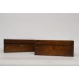 A VINTAGE MAHOGANY WRITING SLOPE, IN NEED OF RESTORATION PLUS A VINTAGE OAK BOX