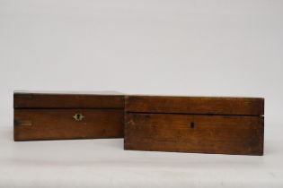 A VINTAGE MAHOGANY WRITING SLOPE, IN NEED OF RESTORATION PLUS A VINTAGE OAK BOX