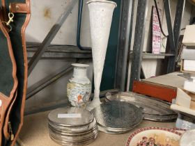 A SILVER PLATED TRAY, PLACE MATS A HUNTING SCENE VASE AND FURTHER VASE