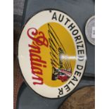 AN ENAMEL INDIAN MOTORCYCLES SIGN, DIAMETER 28 CM