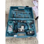 A MAKITA BATTERY DRILL WITH TWO BATTERIES, CHARGER AND CARRY CASE