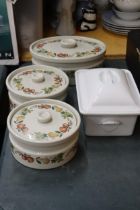 THREE WEDGWOOD 'QUINCE' LIDDED SERVING DISHES PLUS A FRENCH LIDDED DISH