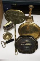 A QUANTITY OF BRASS ITEMS TO INCLUDE A CANDLESTICK, A SKILLET, TRAYS, TRAVEL IRON, ETC
