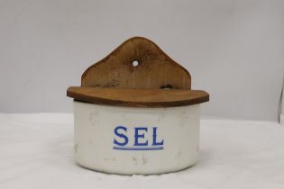 A VINTAGE FRENCH ENAMEL AND WOOD SALT BOX