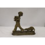 A BRASS FIGURE OF A BOY WITH PUPPY DOGS, HEIGHT 20CM, WIDTH 20CM