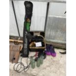 AN ASSORTMENT OF ITEMS TO INCLUDE NIKE TRAINERS, A LAMP AND GLASS BOTTLES ETC