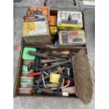 AN ASSORTMENT OF TOOLS TO INCLUDE A BRACE DRILL, FILES AND POWER TOOL ATATTCHMENTS ETC